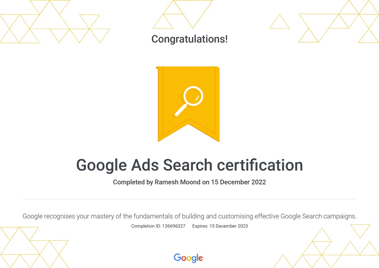 Google Ads Search Certification - Ramesh Moond